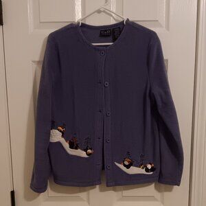 Penguin Embroidered Blue Button Up Cardigan Jacket